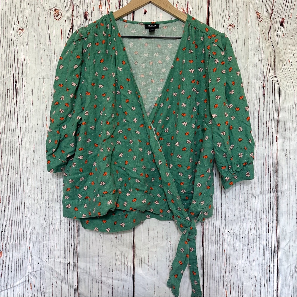 a.n.a Green Floral Linen Wrap Blouse